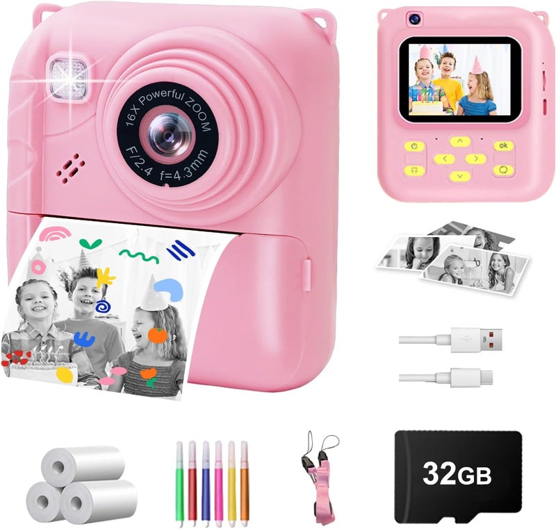 QDH Instant Print Camera for Kids, 1080P Video Camera with 3 Print Rolls, 32GB Card & Cute Cover, Gift for Girls Boys Age 3-12, Toddler Digital Camera with Games, Filters, Music – Pink - Image 1